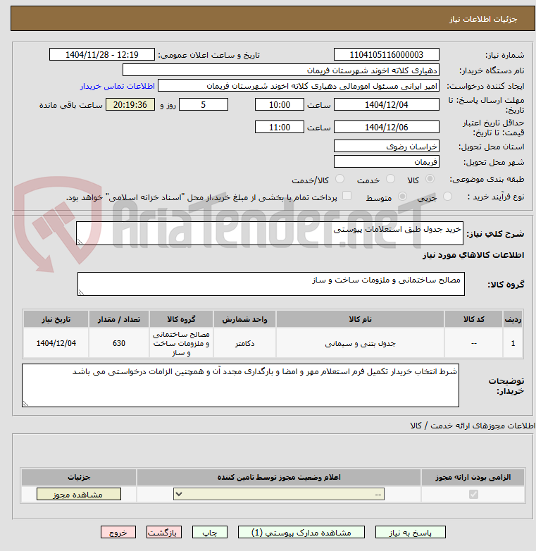 تصویر کوچک آگهی خرید جدول طبق استعلامات پیوستی 