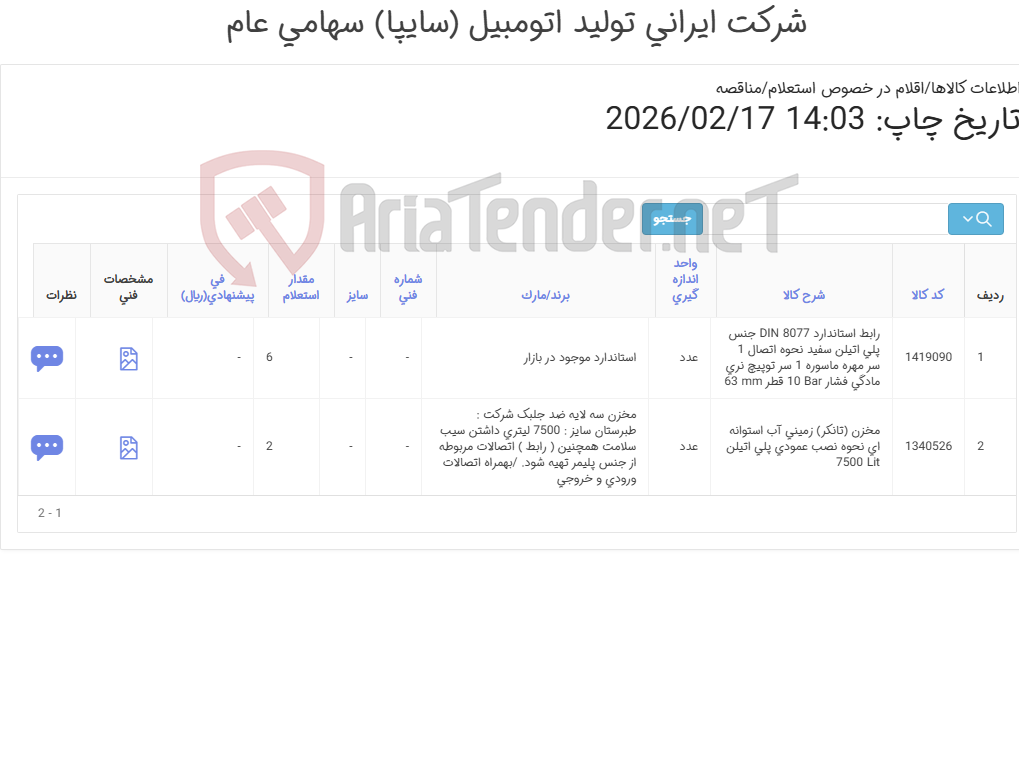 تصویر کوچک آگهی 2 آیتم مخزن و رابط (طبق ضمائم پیوست