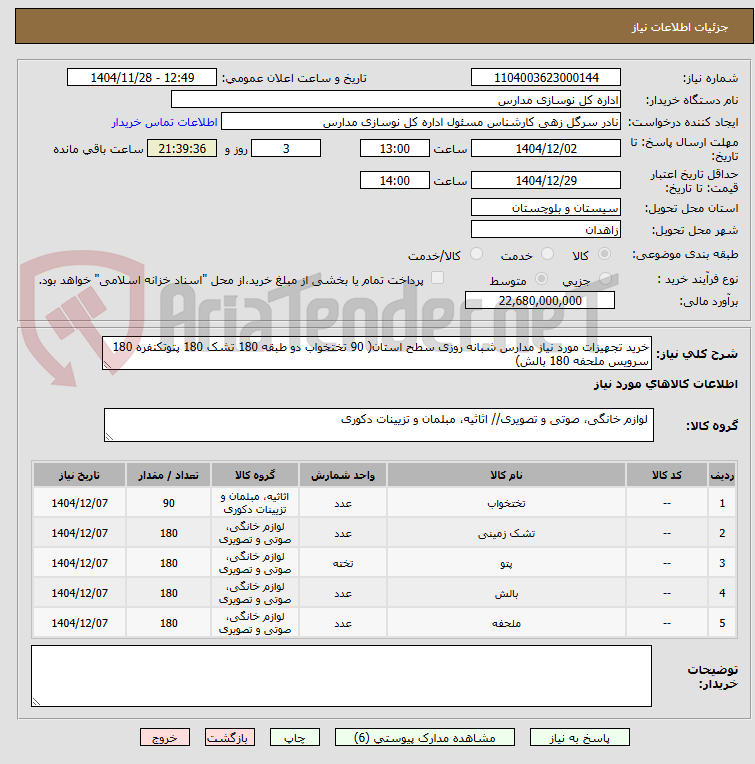 تصویر کوچک آگهی خرید تجهیزات مورد نیاز مدارس شبانه روزی سطح استان( 90 تختخواب دو طبقه 180 تشک 180 پتوتکنفره 180 سرویس ملحفه 180 بالش)