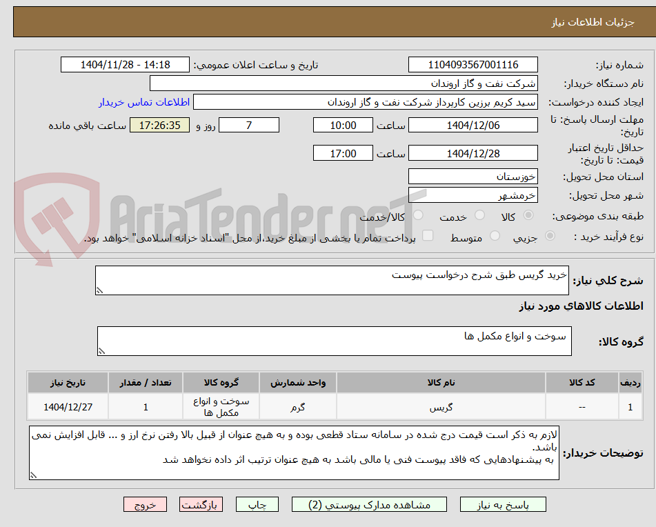 تصویر کوچک آگهی خرید گریس طبق شرح درخواست پیوست