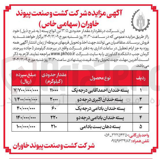 تصویر کوچک آگهی فروش مقدار حدودی ۱۳/۵ تن انواع پسته