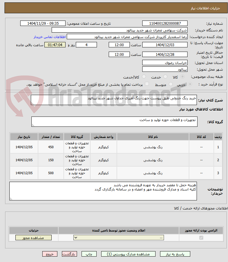 تصویر کوچک آگهی خرید رنگ جدولی طبق پیوست جهت رنگ آمیزی جداول شهر جدید بینالود