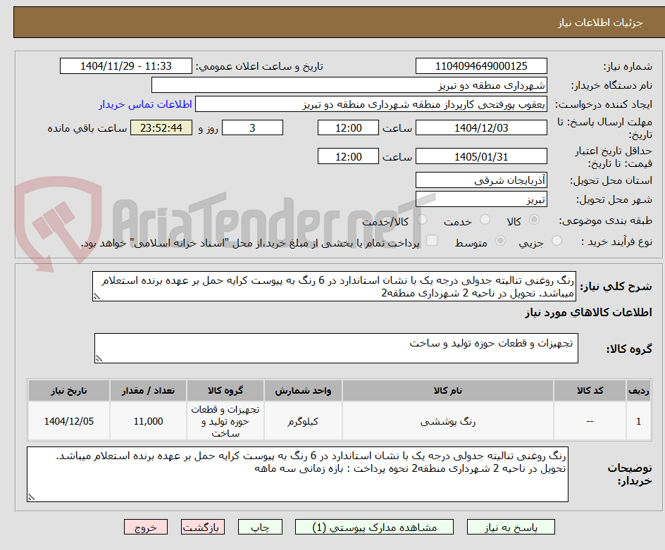 تصویر کوچک آگهی رنگ روغنی تنالیته جدولی درجه یک با نشان استاندارد در 6 رنگ به پیوست کرایه حمل بر عهده برنده استعلام میباشد. تحویل در ناحیه 2 شهرداری منطقه2 