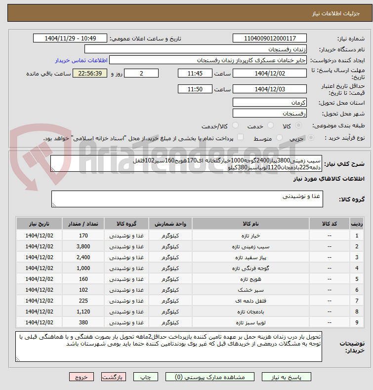 تصویر کوچک آگهی سیب زمینی3800پیاز2400گوجه1000خیارگلخانه ای170هویج160سیر102فلفل دلمه225بادمجان1120لوبیاسبز380کیلو