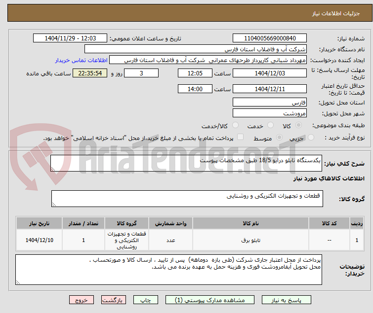 تصویر کوچک آگهی یکدستگاه تابلو درایو 18/5 طبق مشخصات پیوست 