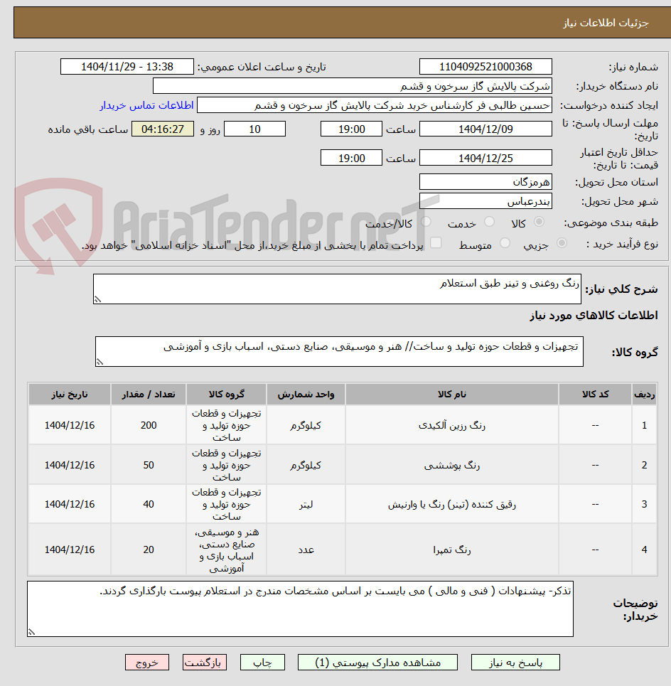 تصویر کوچک آگهی رنگ روغنی و تینر طبق استعلام