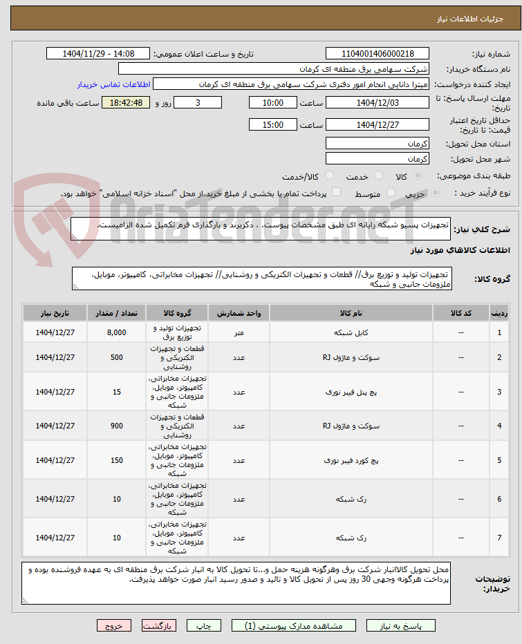 تصویر کوچک آگهی تجهیزات پسیو شبکه رایانه ای طبق مشخصات پیوست. ، ذکربرند و بارگذاری فرم تکمیل شده الزامیست.