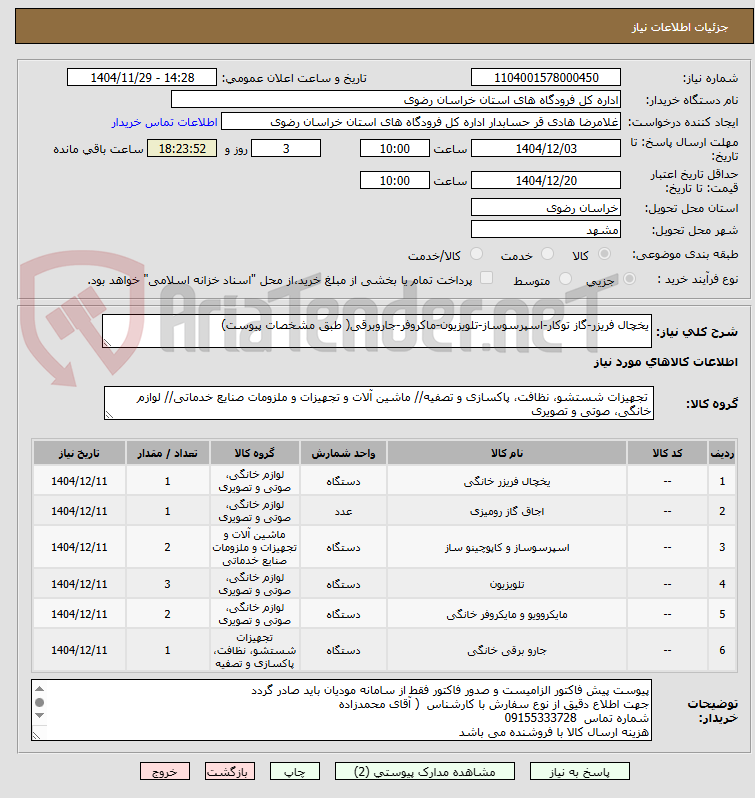 تصویر کوچک آگهی یخچال فریزر-گاز توکار-اسپرسوساز-تلویزیون-ماکروفر-جاروبرقی( طبق مشخصات پیوست)