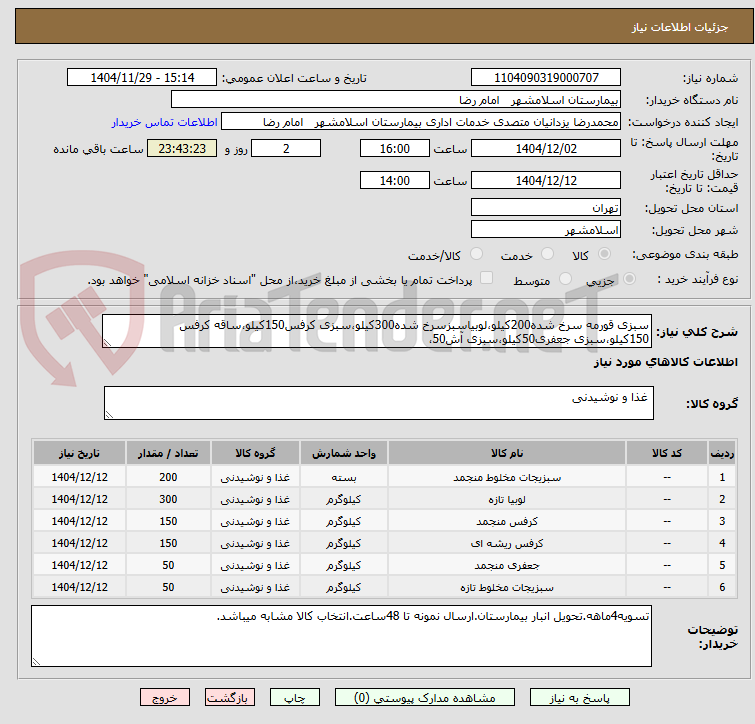 تصویر کوچک آگهی سبزی قورمه سرخ شده200کیلو،لوبیاسبزسرخ شده300کیلو،سبزی کرفس150کیلو،ساقه کرفس 150کیلو،سبزی جعفری50کیلو،سبزی آش50،