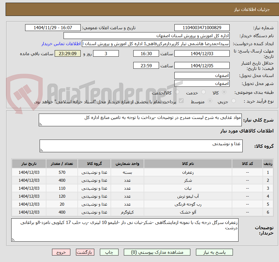 تصویر کوچک آگهی مواد غذایی به شرح لیست مندرج در توضیحات -پرداخت با توجه به تامین منابع اداره کل 