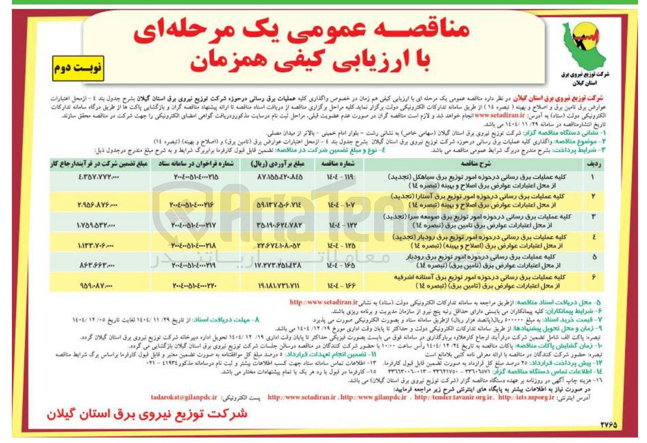 تصویر کوچک آگهی کلیه عملیات برق رسانی