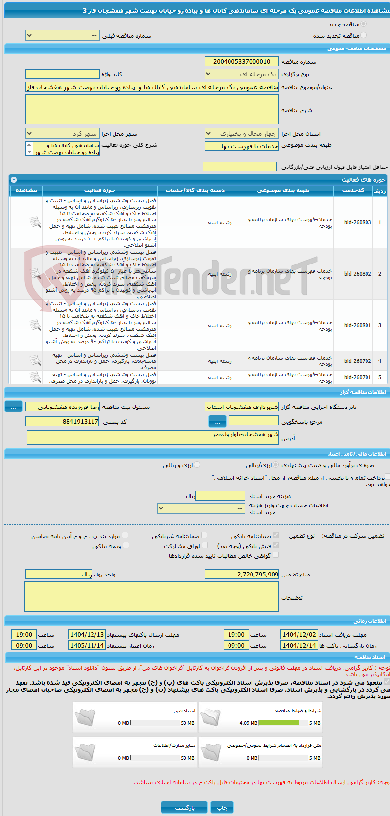 تصویر کوچک آگهی مناقصه عمومی یک مرحله ای ساماندهی کانال ها و  پیاده رو خیابان نهضت شهر هفشجان فاز 3