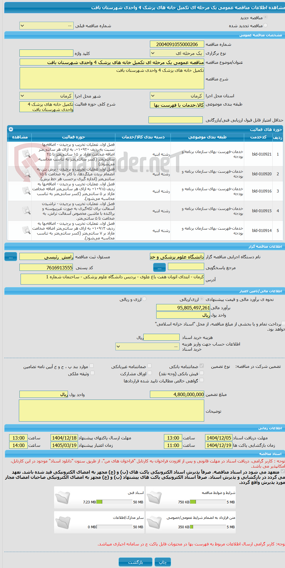تصویر کوچک آگهی مناقصه عمومی یک مرحله ای تکمیل خانه های پزشک 4 واحدی شهرستان بافت