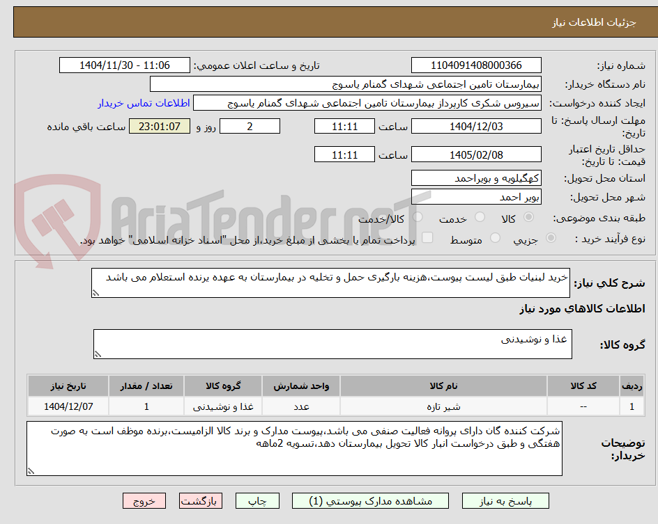 تصویر کوچک آگهی خرید لبنیات طبق لیست پیوست،هزینه بارگیری حمل و تخلیه در بیمارستان به عهده یرنده استعلام می باشد