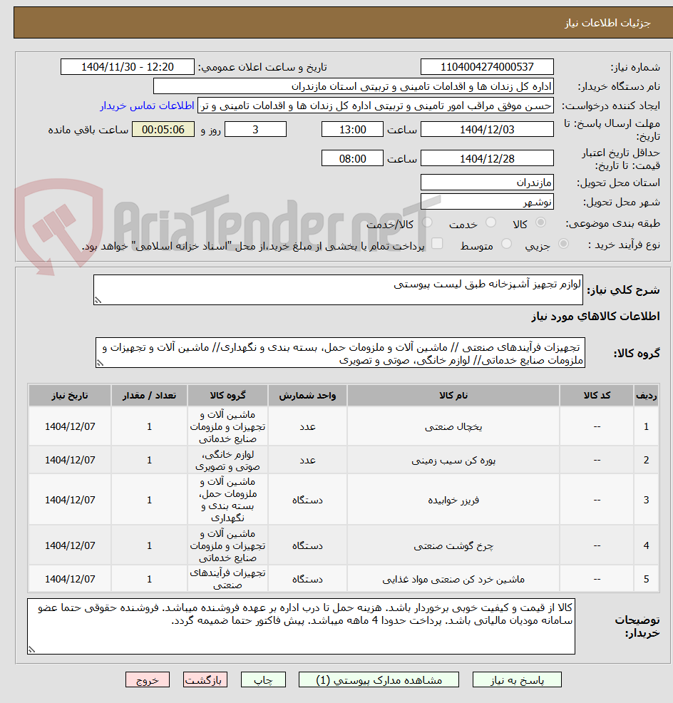 تصویر کوچک آگهی لوازم تجهیز آشپزخانه طبق لیست پیوستی