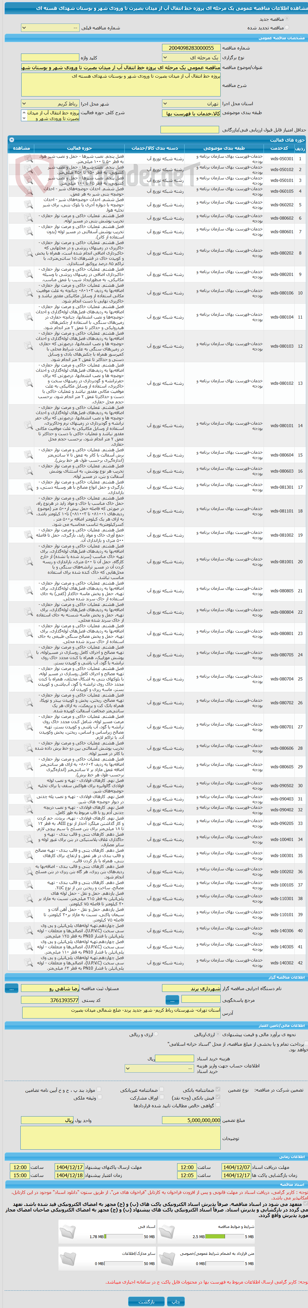 تصویر کوچک آگهی مناقصه عمومی یک مرحله ای پروژه خط انتقال آب از میدان بصیرت تا ورودی شهر و بوستان شهدای هسته ای