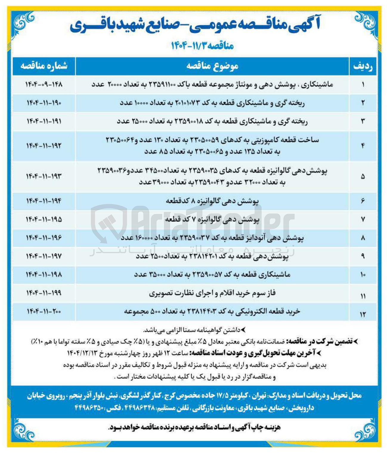 تصویر کوچک آگهی پوشش دهی گالوانیزه قطعه به کدهای ۲۳۵۹۰۰۳۵ به تعداد ۳۴۵۰۰ عدد و ۲۳۵۹۰۰۳۶ به تعداد ۳۲۰۰۰ عدد و ۲۳۵۹۰۰۴۳ به تعداد ۳۹۰۰۰ عدد 
