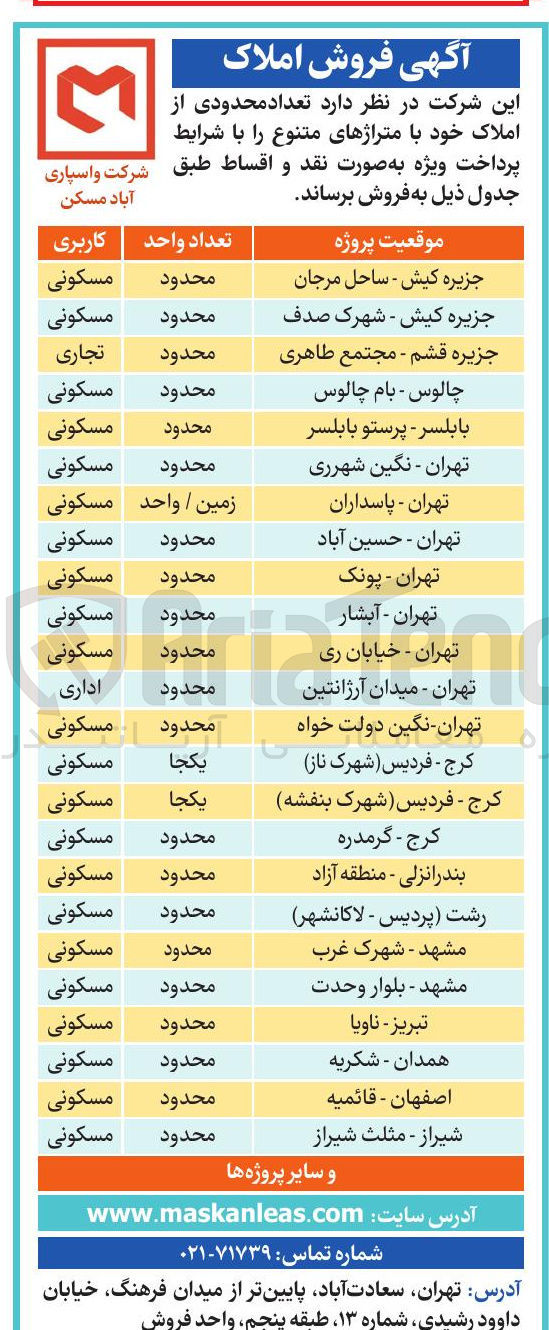 تصویر کوچک آگهی فروش تعداد محدودی از املاک