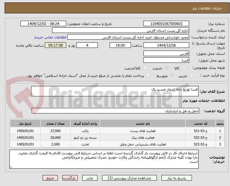 تصویر کوچک آگهی فسا توزیع دانه شمار مسیر یک