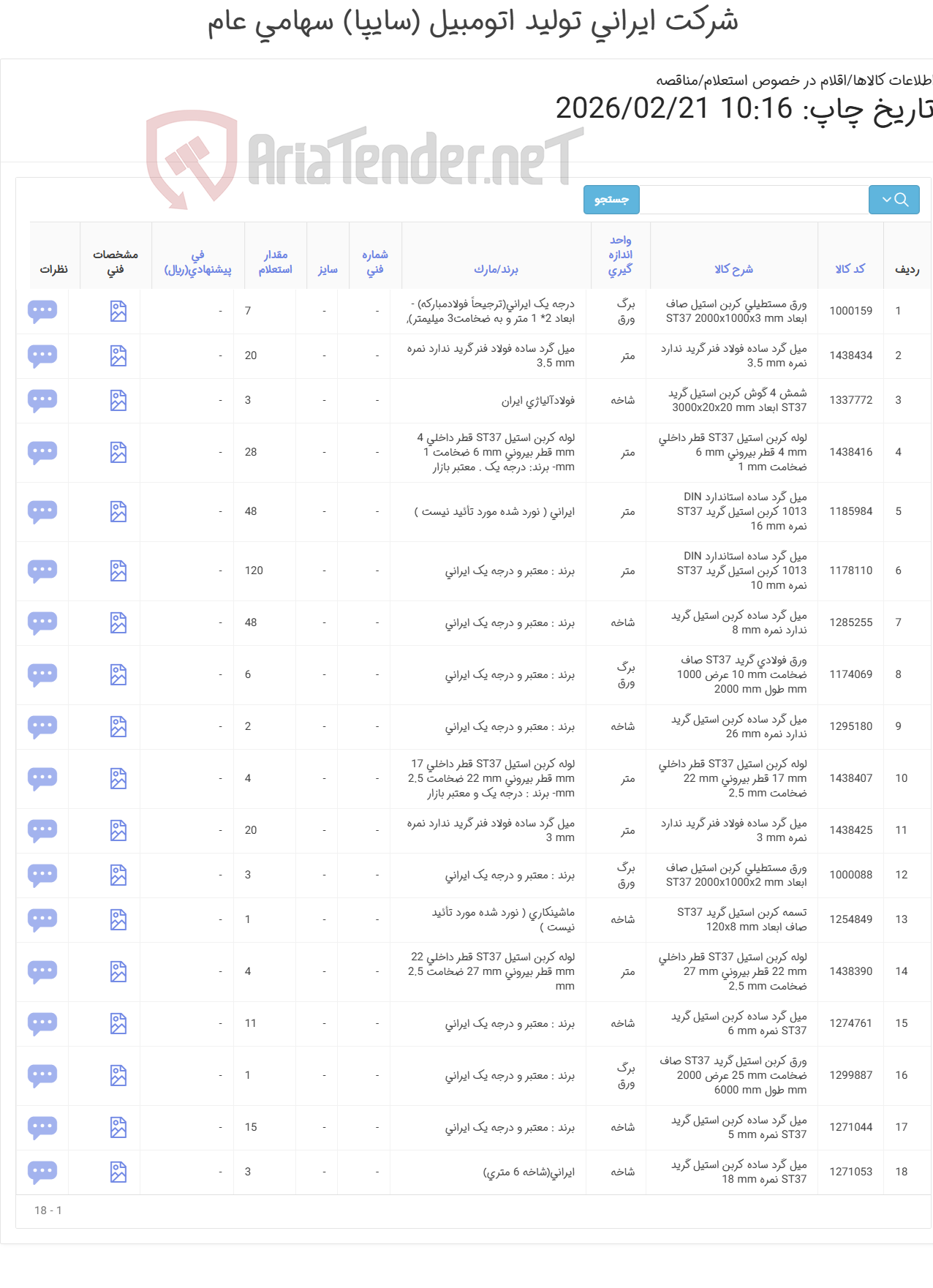 تصویر کوچک آگهی انواع آهن آلات ( میل ‎گرد‏ ‎ساده‏ ، شمش 4 گوش‏ ‎، لوله ، ورق ‎مستطیلی‏ ‎ ، ورق ‎فولادی‏ و تسمه ‎ )