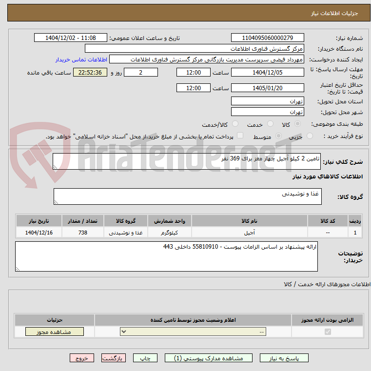 تصویر کوچک آگهی تامین 2 کیلو آجیل چهار مغز برای 369 نفر