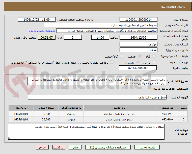 تصویر کوچک آگهی تامین وسیله نقلیه با راننده و ارائه خدمات ایاب و ذهاب به هر نقطه از کشور و داخل محدوده شهرها بر اساس نیاز به شرح جدول پیوست شماره 3