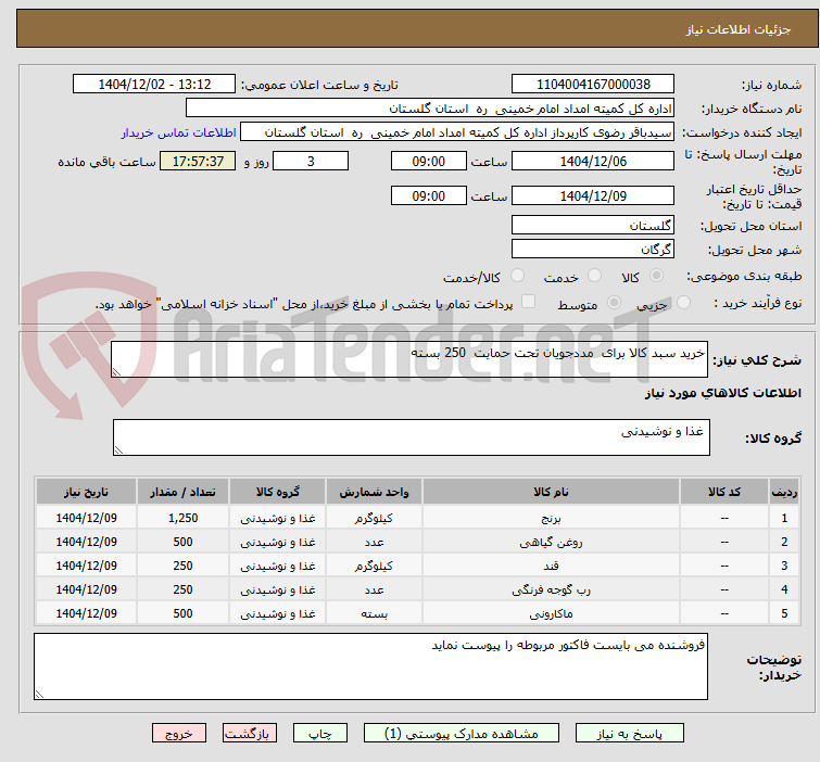 تصویر کوچک آگهی خرید سبد کالا برای  مددجویان تحت حمایت  250 بسته 