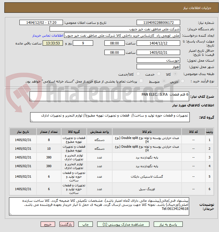 تصویر کوچک آگهی 6 قلم قطعات  PAN ELEC.  S.P.A
