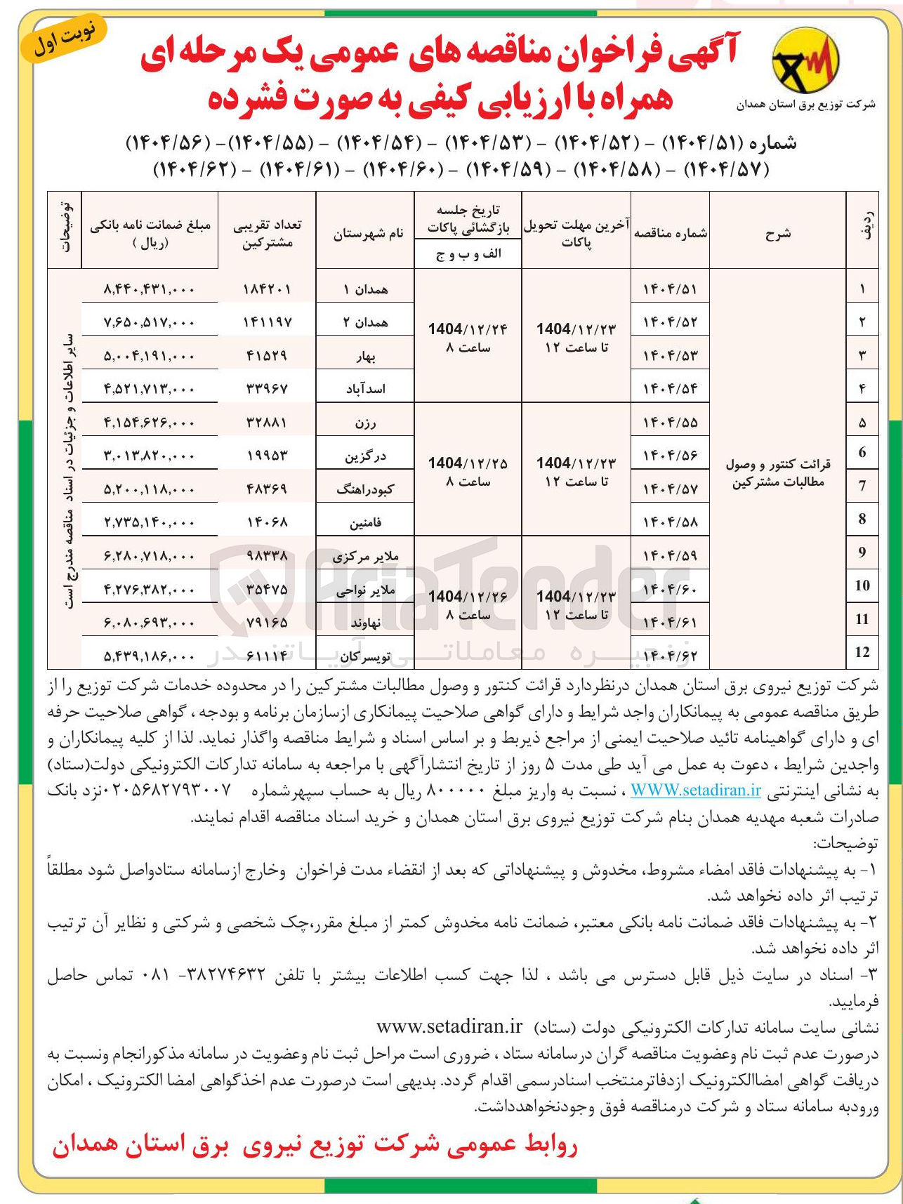 تصویر کوچک آگهی قرائت کنتور و وصول مطالبات مشترکین