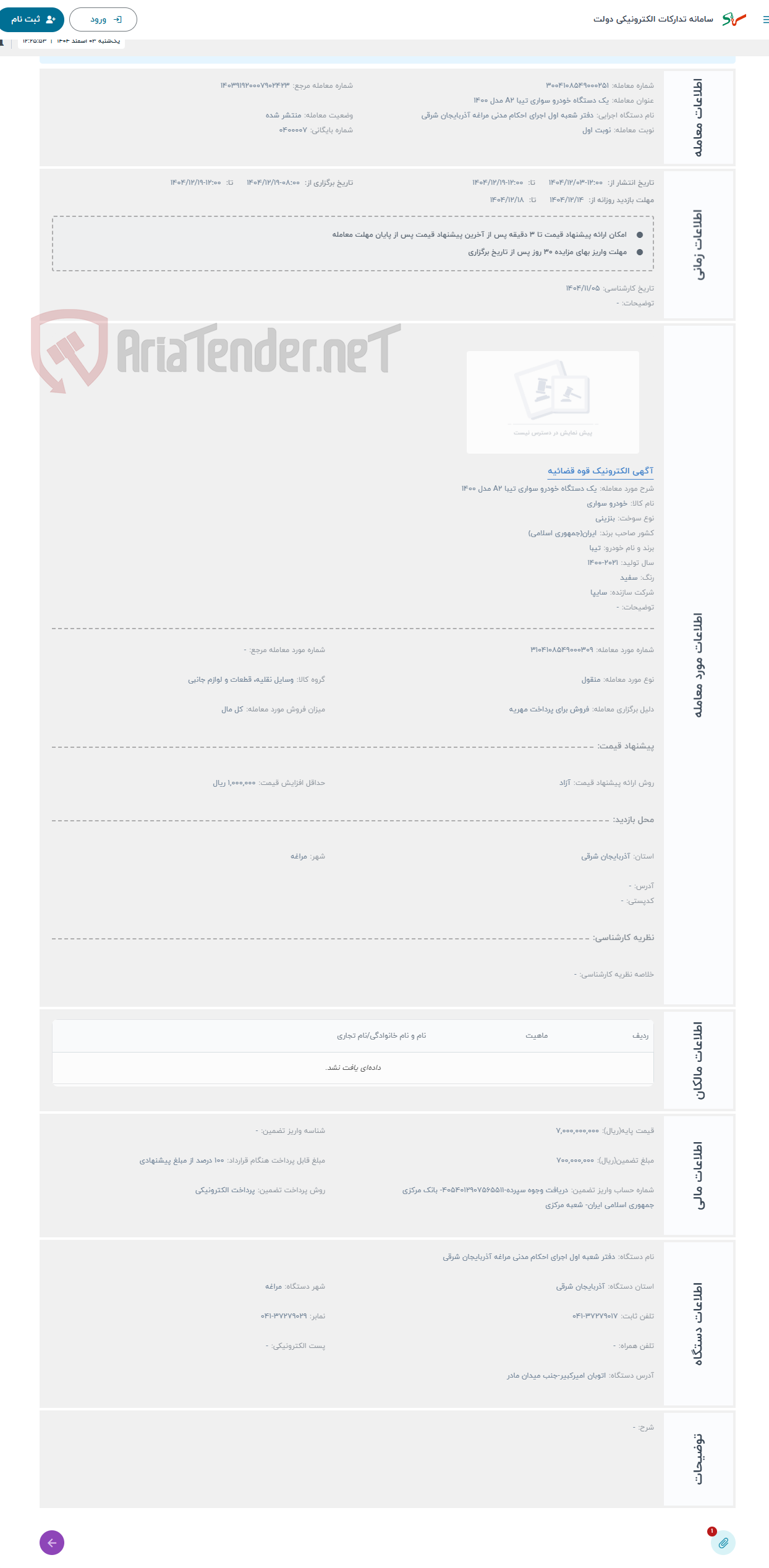 تصویر کوچک آگهی حراج یک دستگاه خودرو سواری تیبا A2 مدل 1400