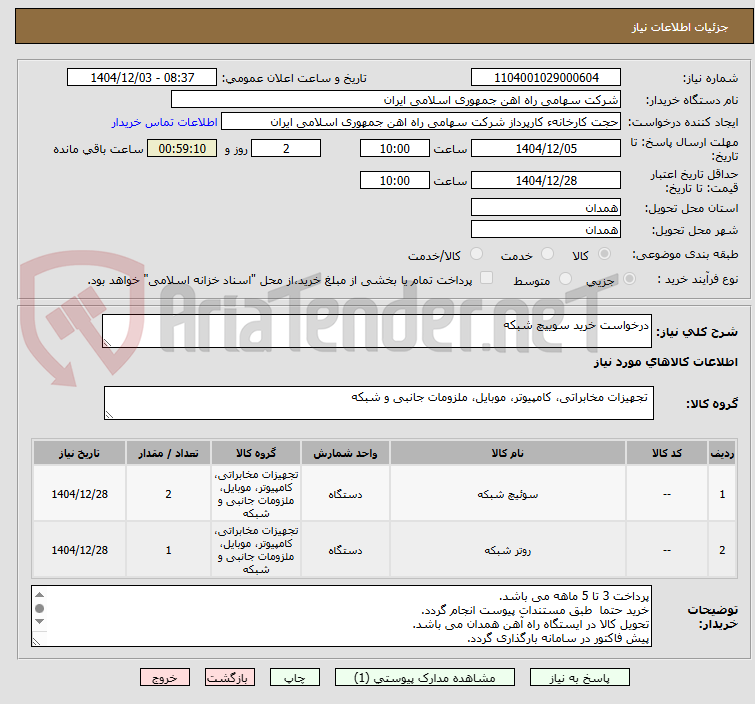 تصویر کوچک آگهی درخواست خرید سوییچ شبکه