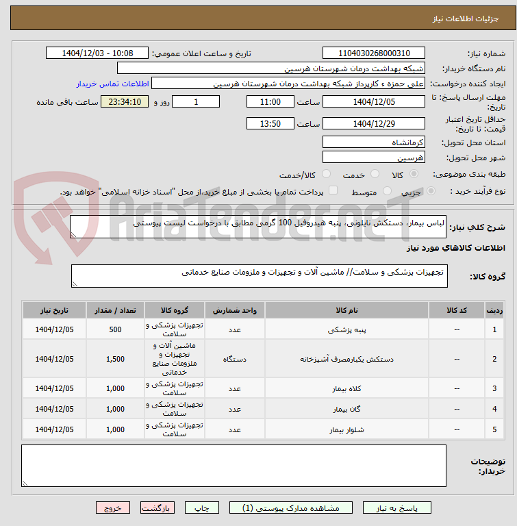 تصویر کوچک آگهی لباس بیمار، دستکش نایلونی، پنبه هیدروفیل 100 گرمی مطابق با درخواست لیست پیوستی