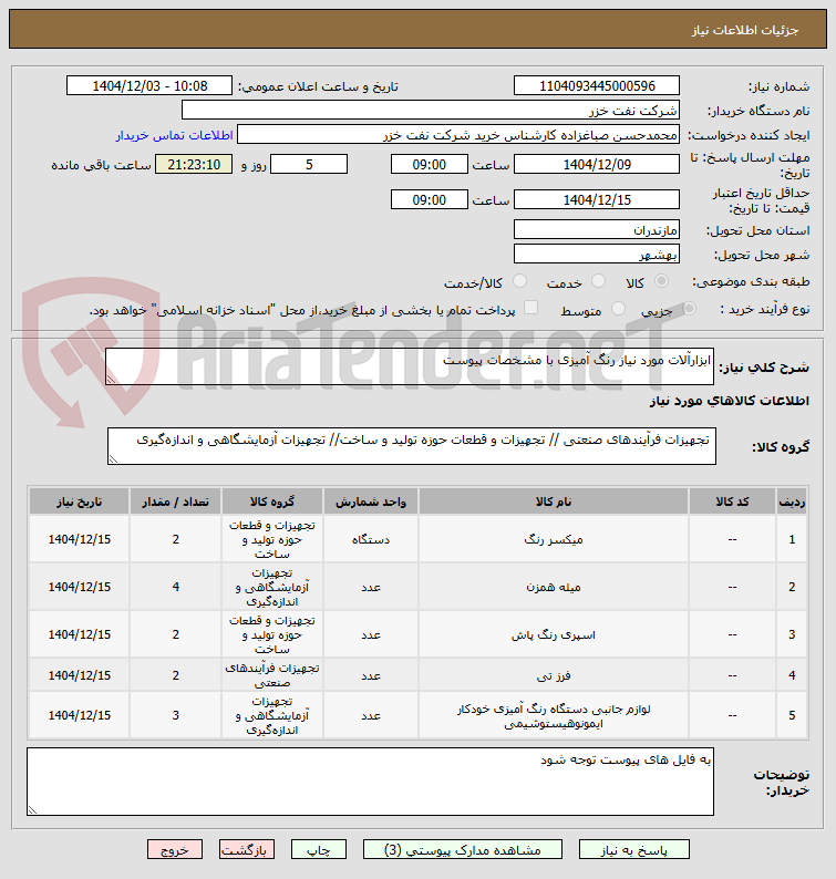 تصویر کوچک آگهی ابزارآلات مورد نیاز رنگ آمیزی با مشخصات پیوست
