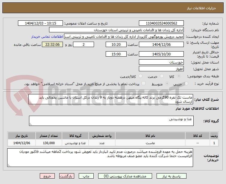 تصویر کوچک آگهی ماست تک نفره 90گرمی برند کاله،پگاه،میهن درهفته دوبار به 9 زندان درکل استان با ماشین یخچالی باید ارسال شود