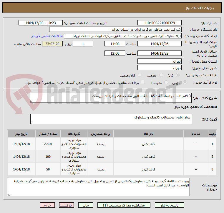 3 قلم کاغذ در ابعاد A3 ؛ A4 , A5 مطابق مشخصات و الزامات پیوست