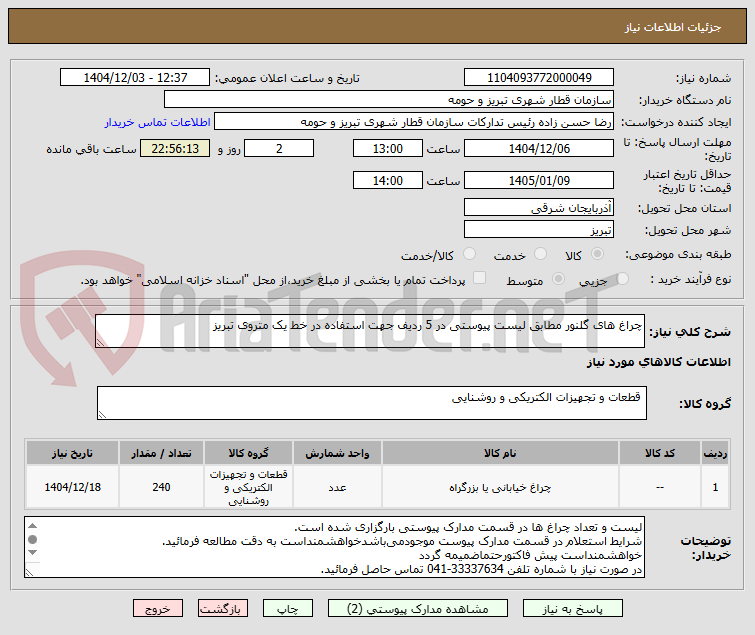 تصویر کوچک آگهی چراغ های گلنور مطابق لیست پیوستی در 5 ردیف جهت استفاده در خط یک متروی تبریز