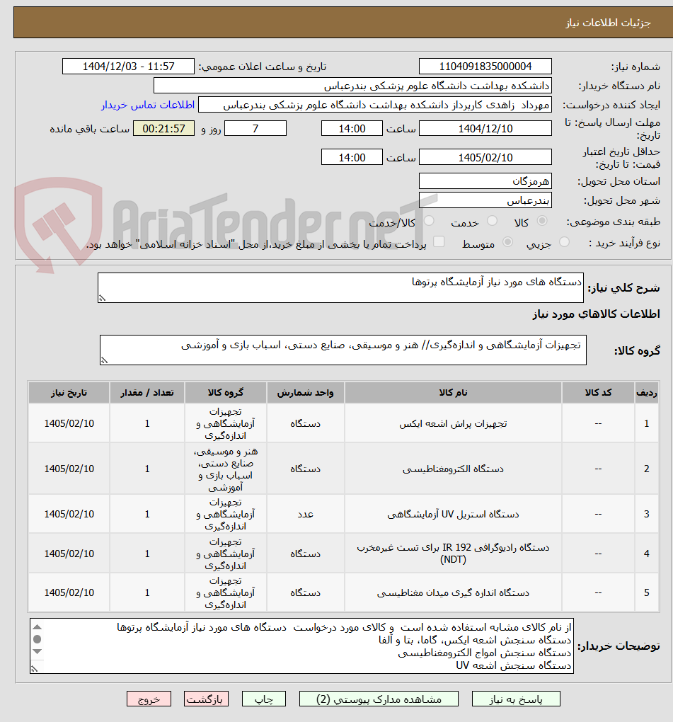 تصویر کوچک آگهی دستگاه های مورد نیاز آزمایشگاه پرتوها