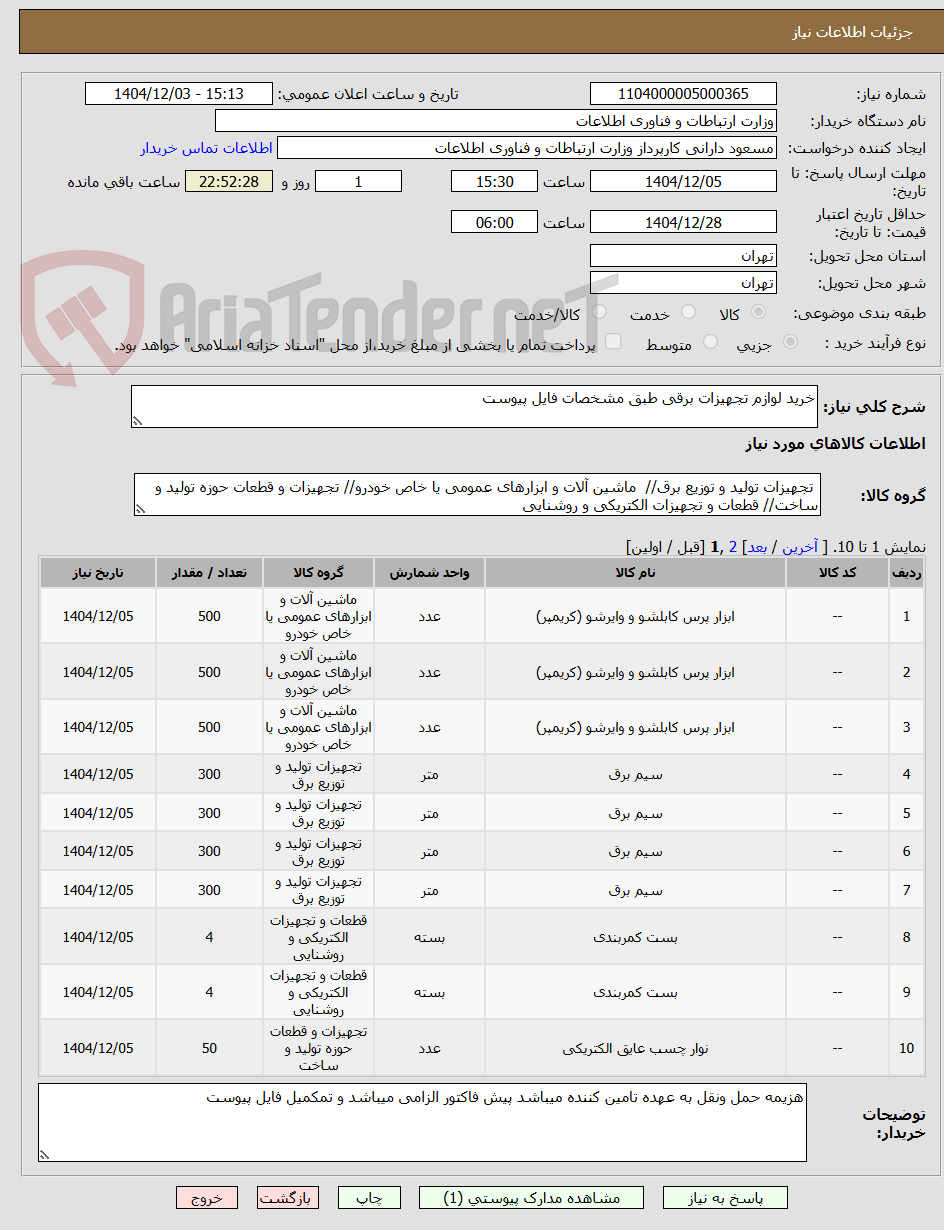 تصویر کوچک آگهی خرید لوازم تجهیزات برقی طبق مشخصات فایل پیوست