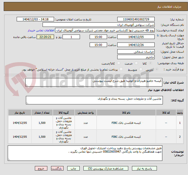 تصویر کوچک آگهی کیسه جامبو هیدرات و آلومینا طبق شرح لیست پیوستی