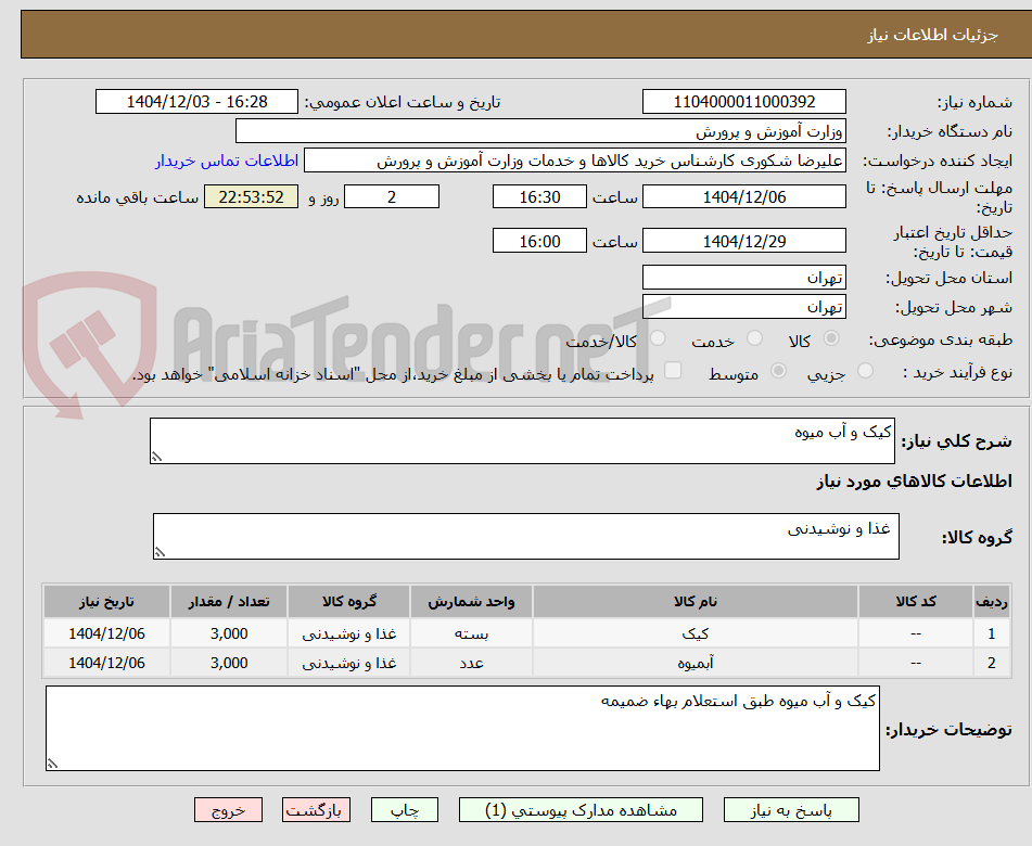 تصویر کوچک آگهی کیک و آب میوه