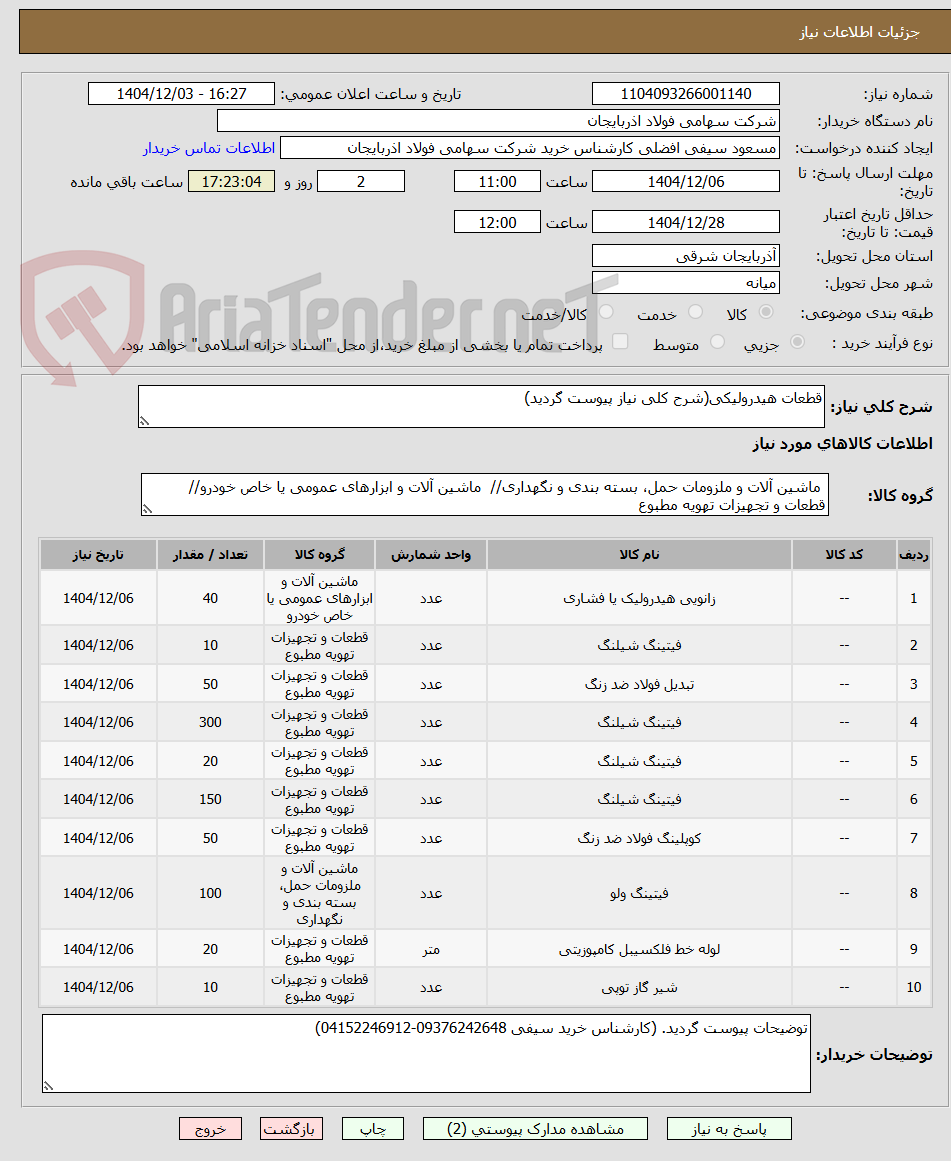 تصویر کوچک آگهی قطعات هیدرولیکی(شرح کلی نیاز پیوست گردید)