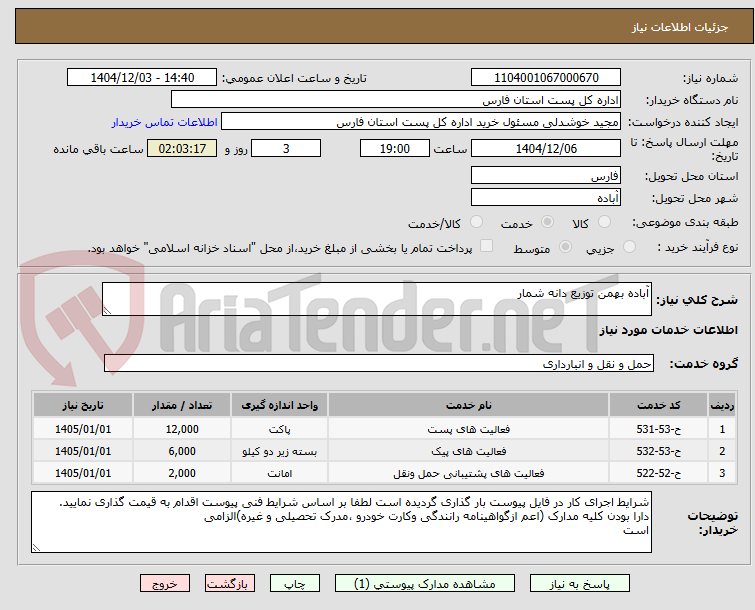 تصویر کوچک آگهی آباده بهمن توزیع دانه شمار
