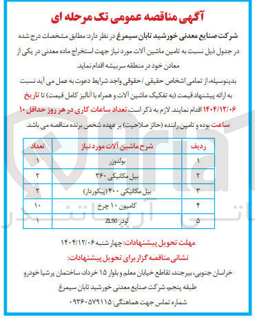 تصویر کوچک آگهی تامین بیل مکانیکی ۴۰۰ ( پیکوردار ) 