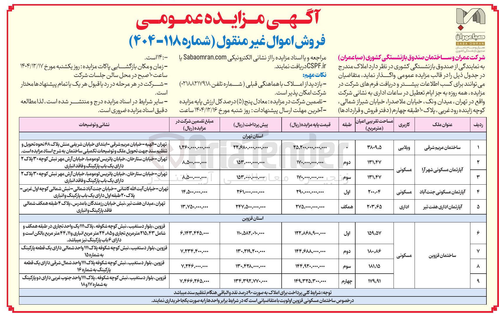 تصویر کوچک آگهی فروش اموال غیر منقول ( شماره ۱۱۸-۴۰۴ ) 
