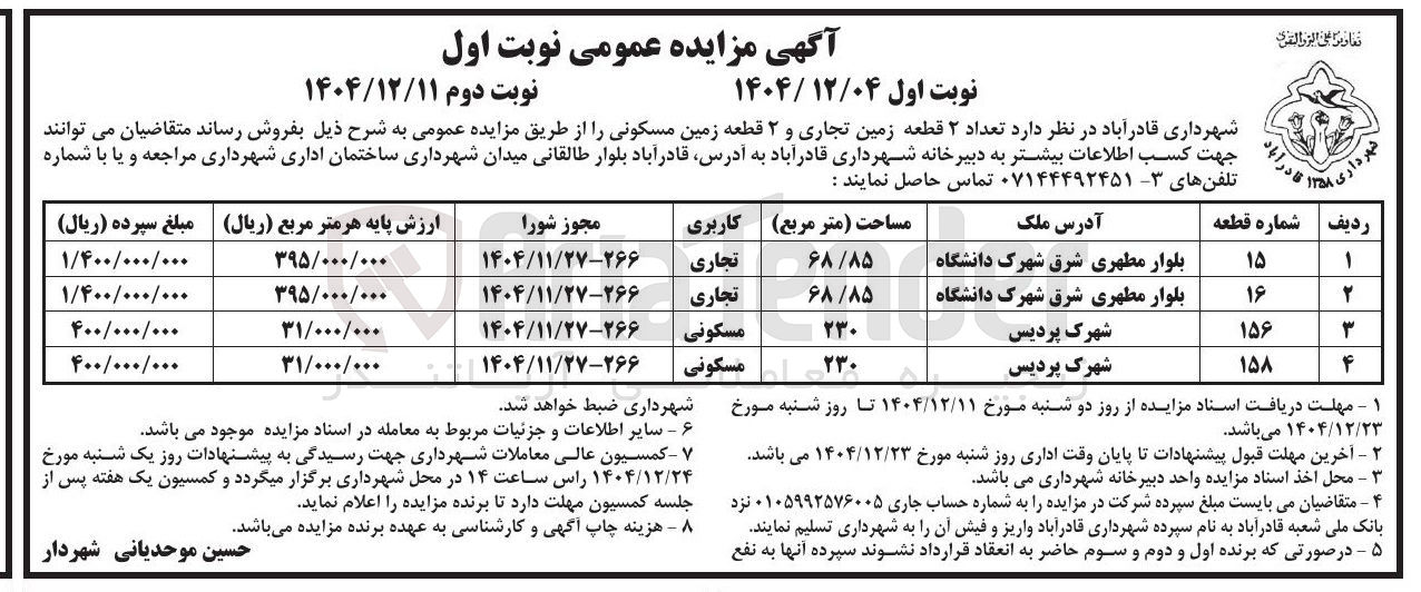 تصویر کوچک آگهی تعداد ۲ قطعه زمین تجاری و ۲ قطعه زمین مسکونی