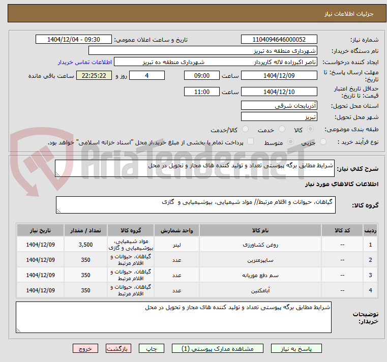 تصویر کوچک آگهی شرایط مطابق برگه پیوستی تعداد و تولید کننده های مجاز و تحویل در محل