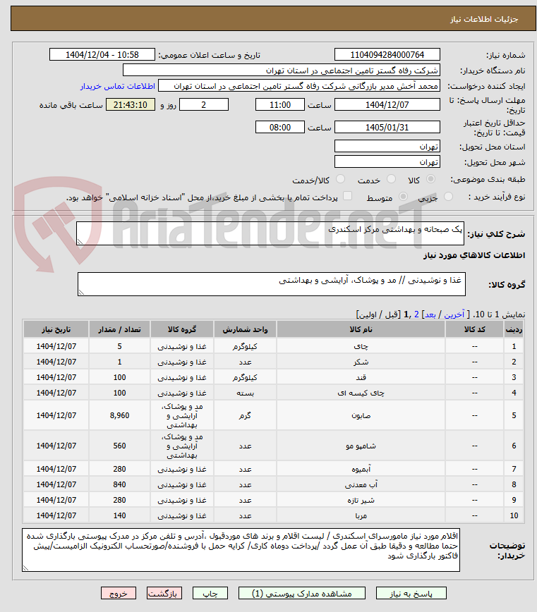 تصویر کوچک آگهی پک صبحانه و بهداشتی مرکز اسکندری