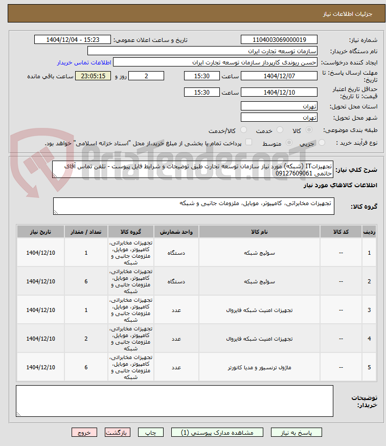 تصویر کوچک آگهی تجهیزاتIT (شبکه) مورد نیاز سازمان توسعه تجارت طبق توضیحات و شرایط فایل پیوست - تلفن تماس آقای حاتمی 09127609061