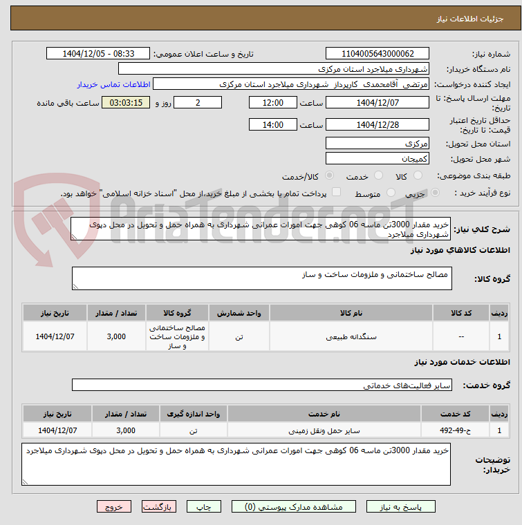 تصویر کوچک آگهی خرید مقدار 3000تن ماسه 06 کوهی جهت امورات عمرانی شهرداری به همراه حمل و تحویل در محل دپوی شهرداری میلاجرد