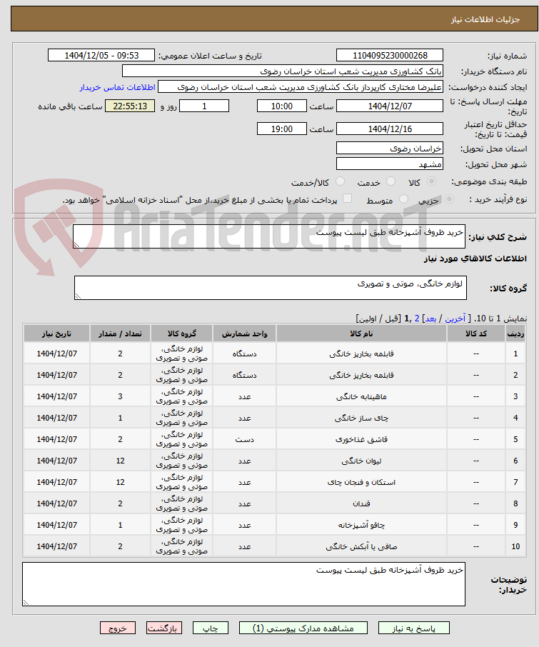 تصویر کوچک آگهی خرید ظروف آشپزخانه طبق لیست پیوست